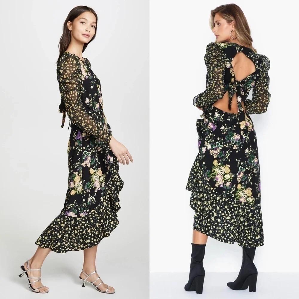 FOR LOVE & LEMONS Floral Long Sleeve Cutout Tie Back Ruched Ruffle Midi Dress XS